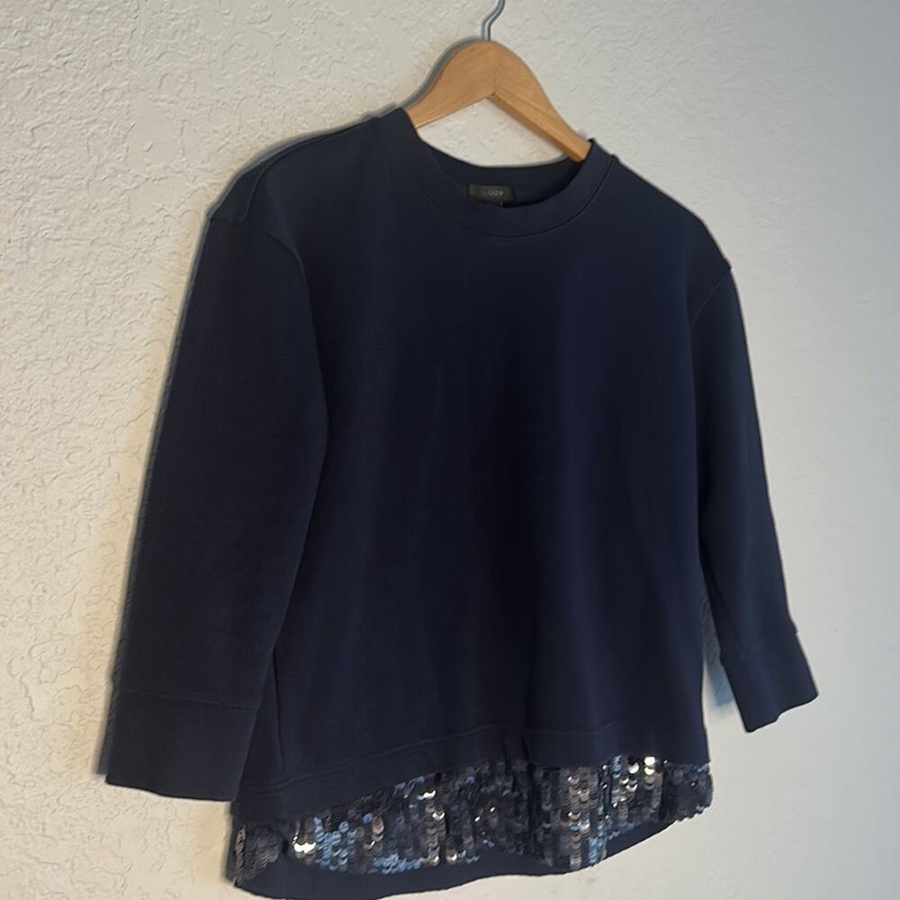 J. Crew Sequin Hem Navy Blue Sweatshirt Preppy Glam Twee Sporty Prep XS - Picture 2 of 6